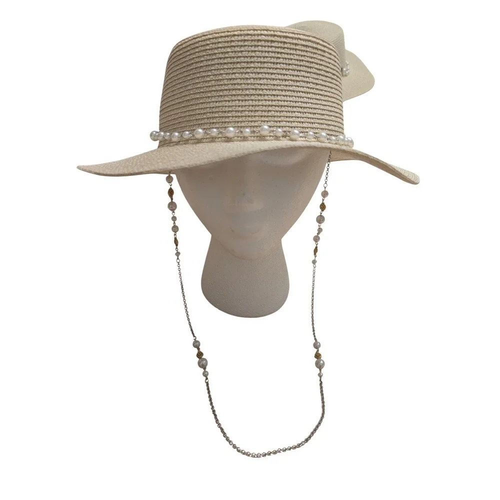 Beige Paper Straw Boater Hat Pearl‎ Trim Chain Strap Summer Beach Bridal Boho